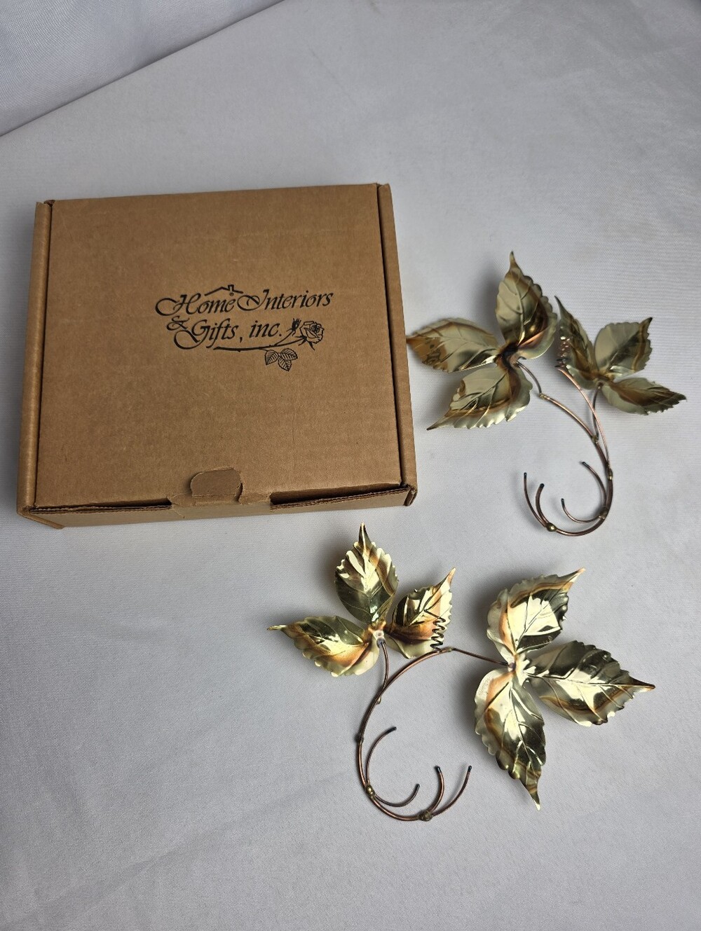 VTG Home Interiors MCM Metal Leaves Wall Decor Set Of 2 W/Box